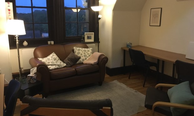 Library room with sofa and furnishings