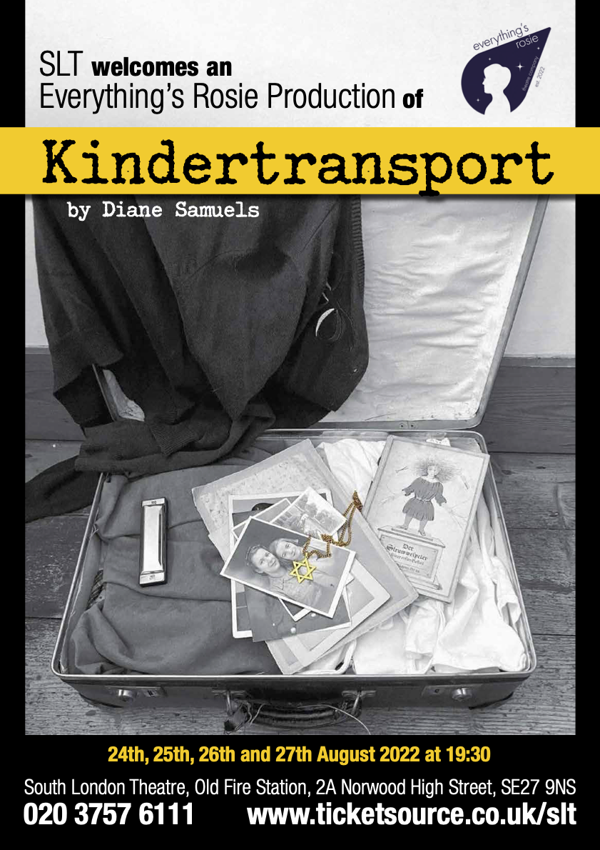 Kindertransport Poster featuring image of open suitcase filled with belongings including a Star of David on a gold chain