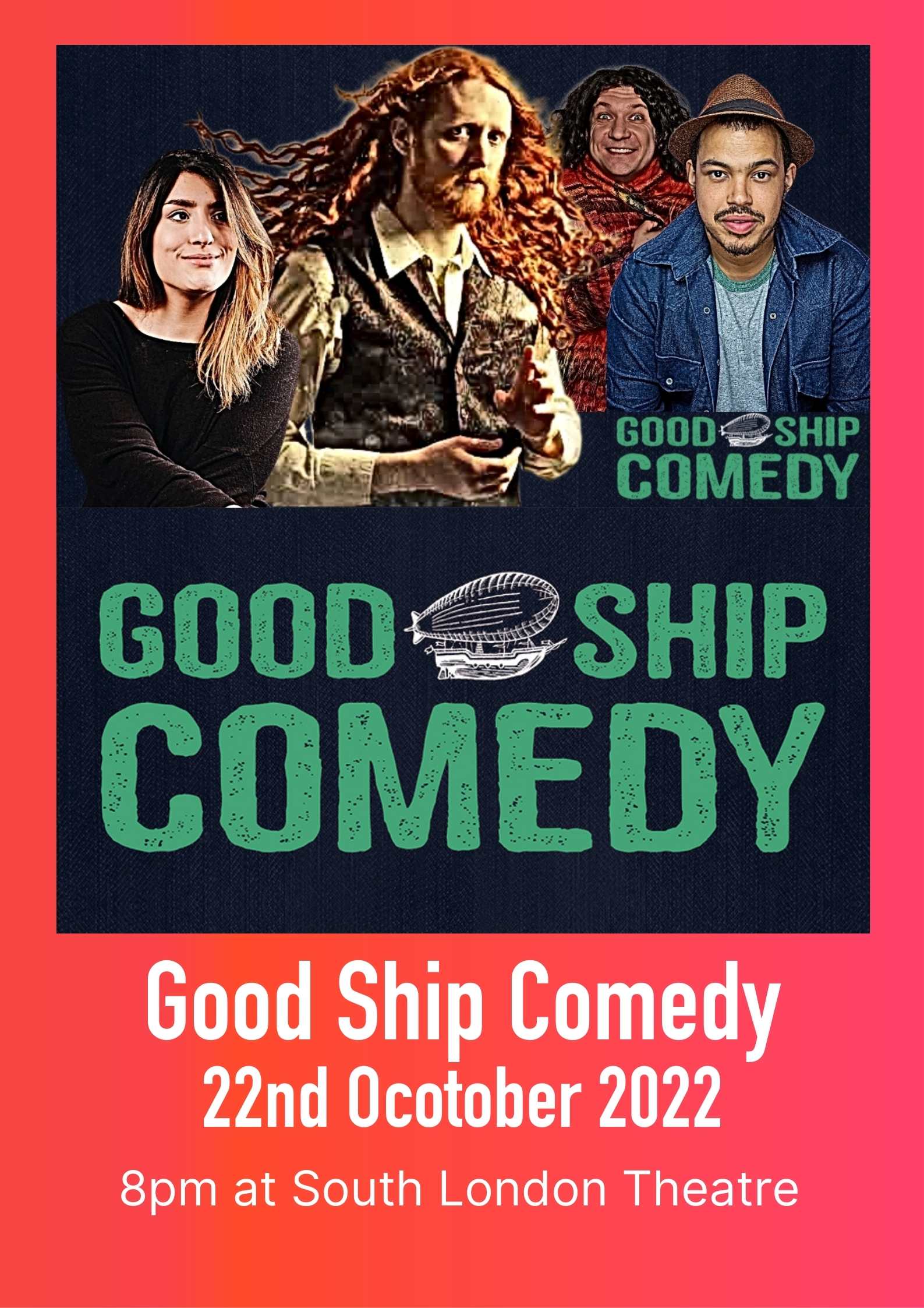 Four people looking out over a sign saying good ship comedy