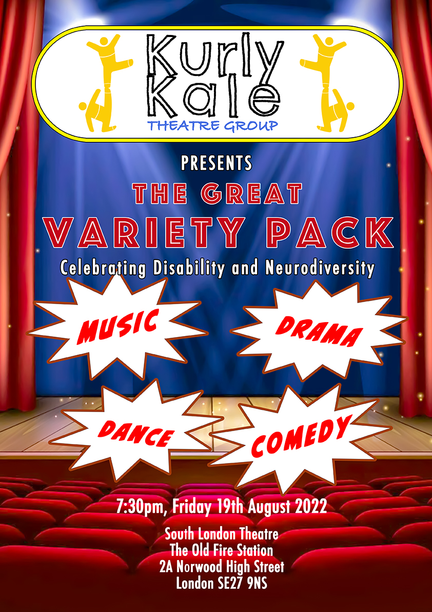 Kurly Kale poster showing a stage with Great Variety Pack in red letters