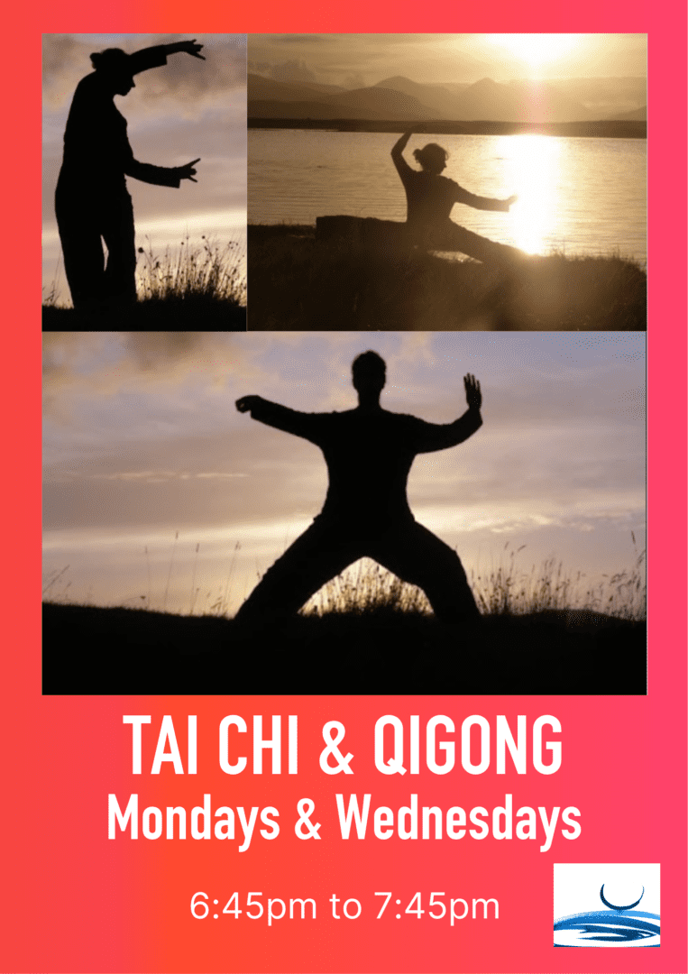 A person taking a Tai Chi pose in front of a sunset