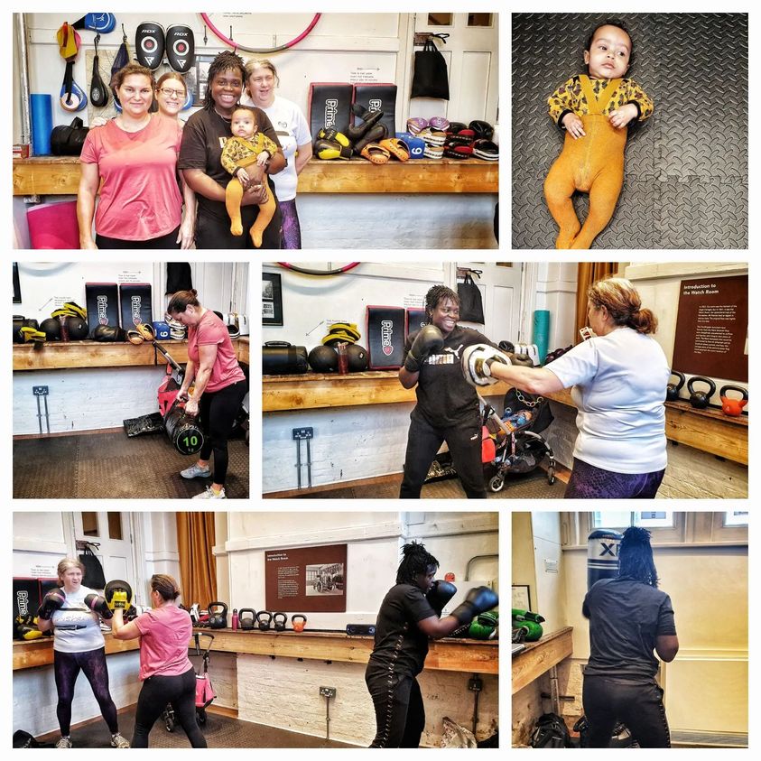 Women standing and sitting with boxing gloves