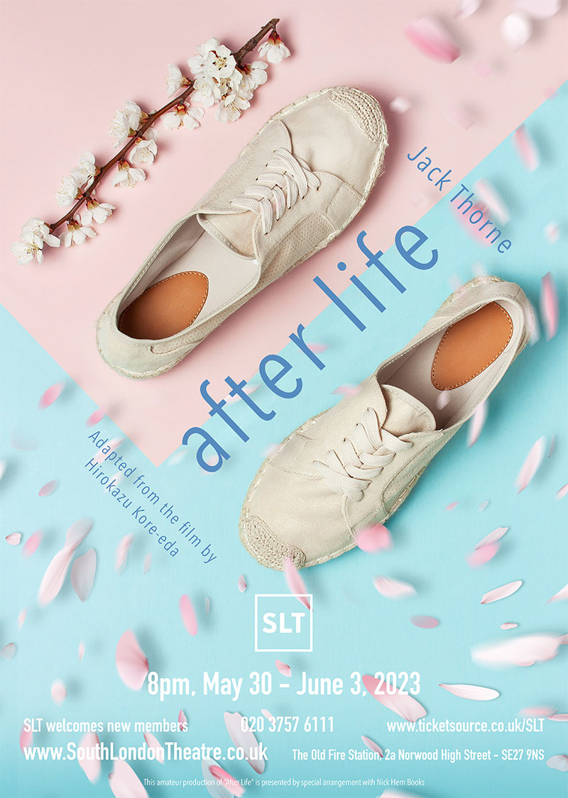 After life event poster. Casting poster for After Life. Two training shoes facing in different directions with a pink and blue background.