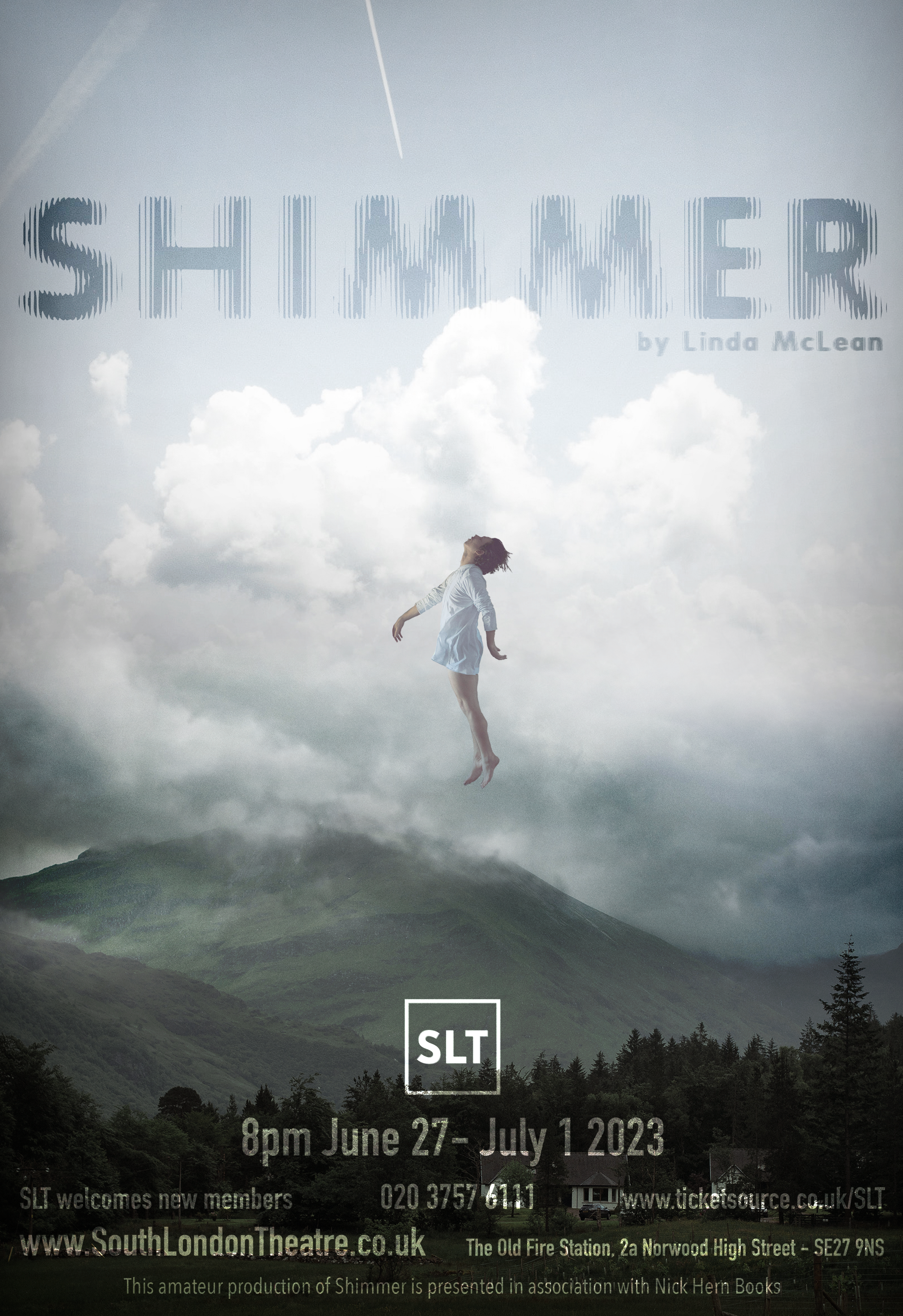 Scottish highlands with a young woman floating in the sky