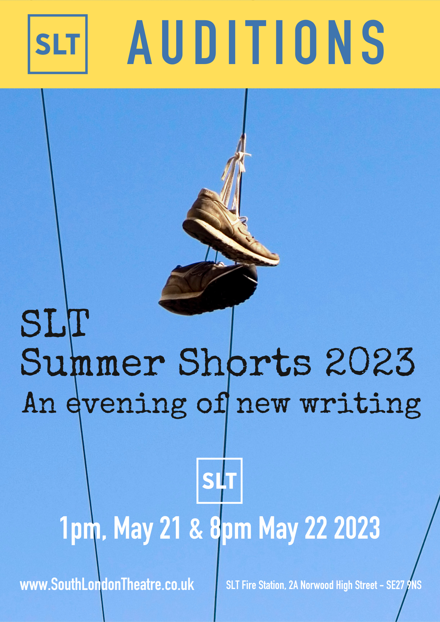 Summer Shorts image of sneakers hanging from overhead wires against a blue sky