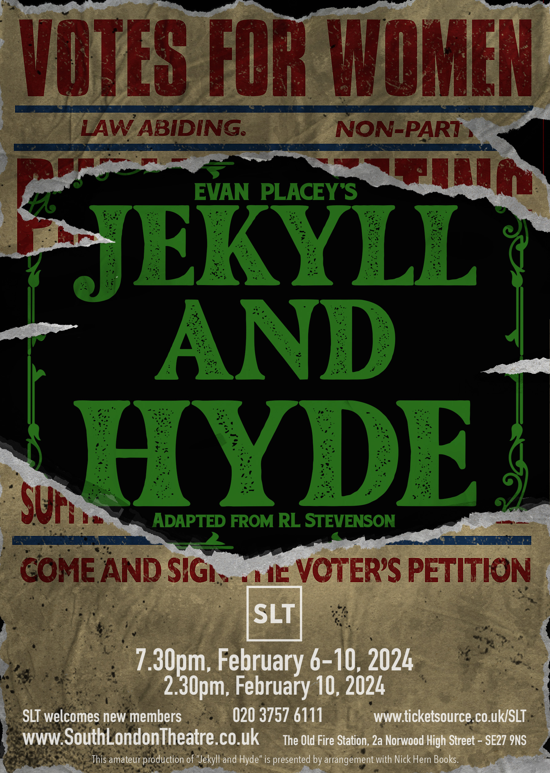 A poster showing Jekyll and Hyde on a ripped poster for women's rights