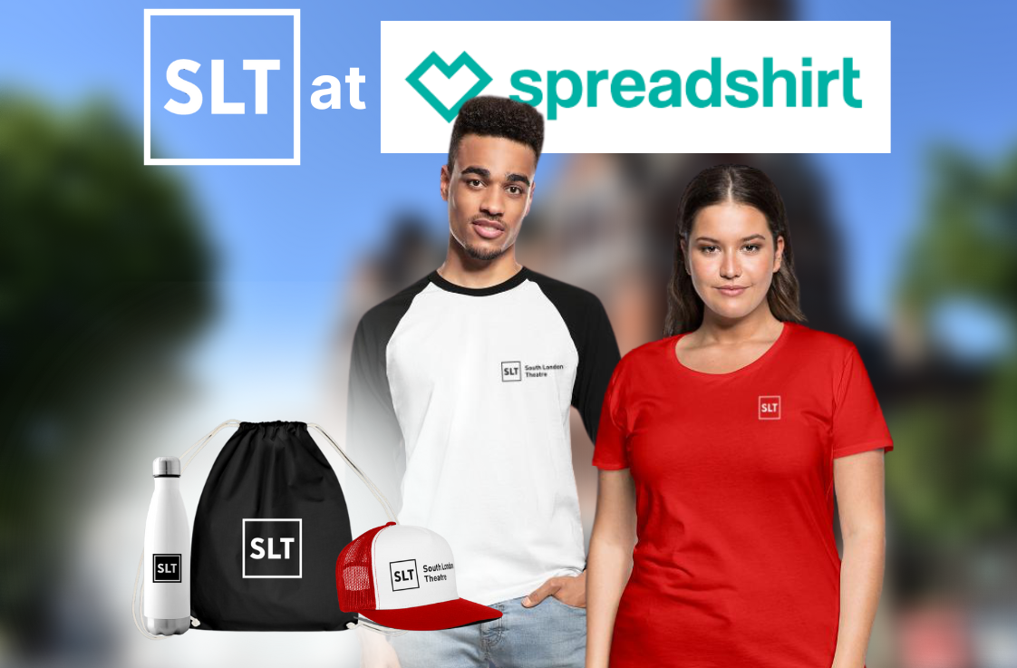 Various sample merchandise clothing and accessory products on the background of a blurred image of the SLT Fire Station building