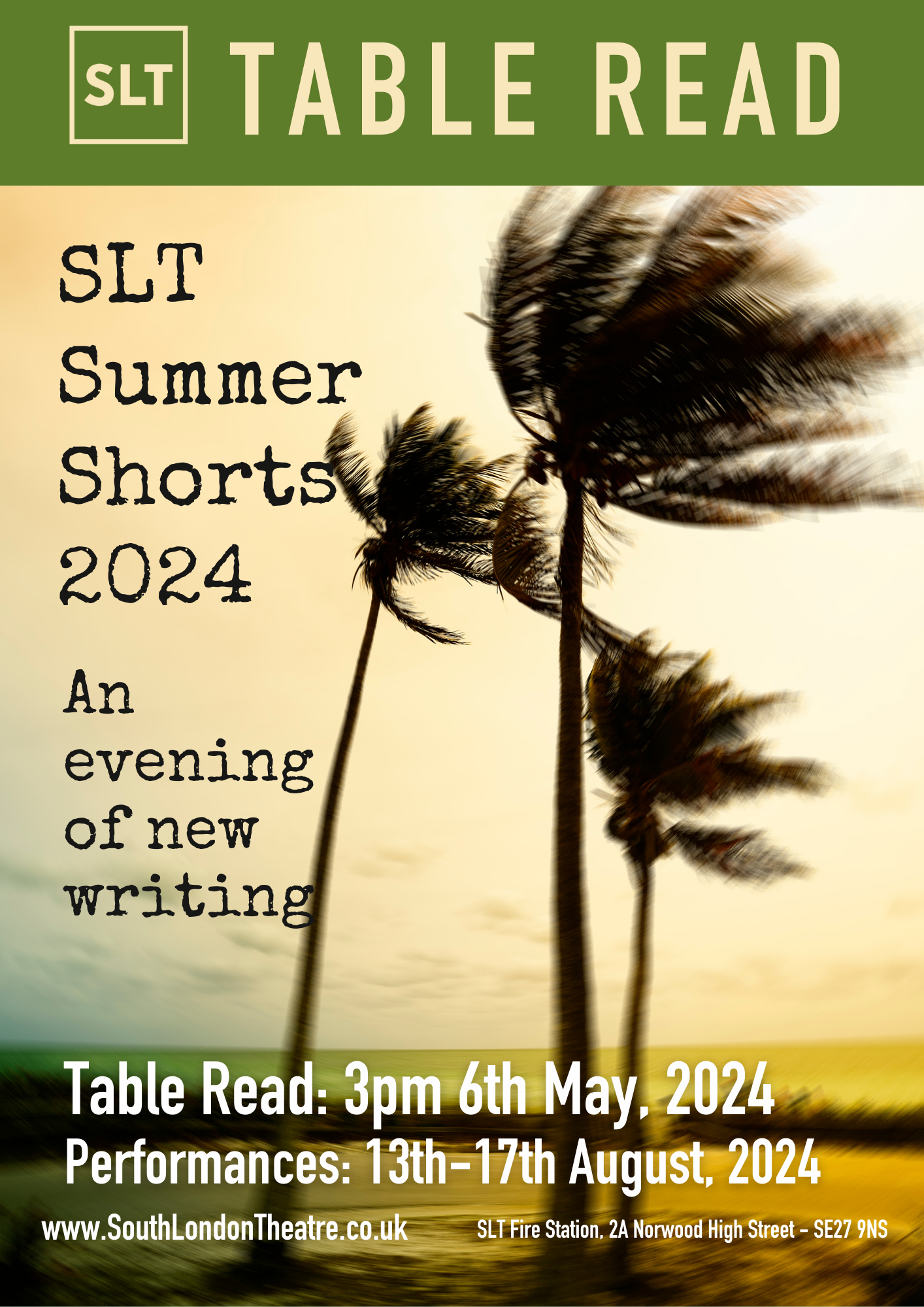 Summer shorts poster with image of palm trees blowing in strong wind against a yellow sky
