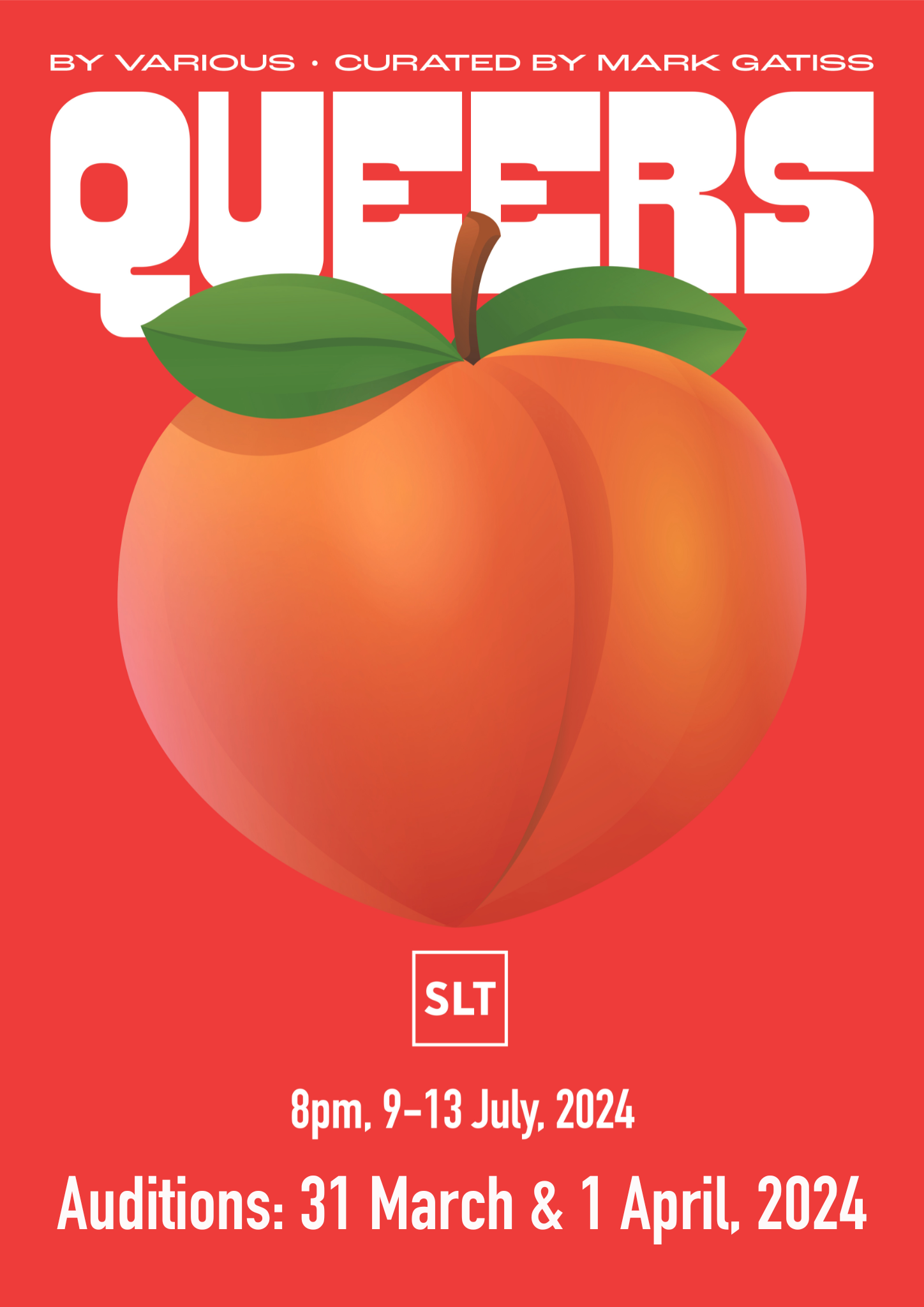 Poster image with large peach on brightly coloured background.