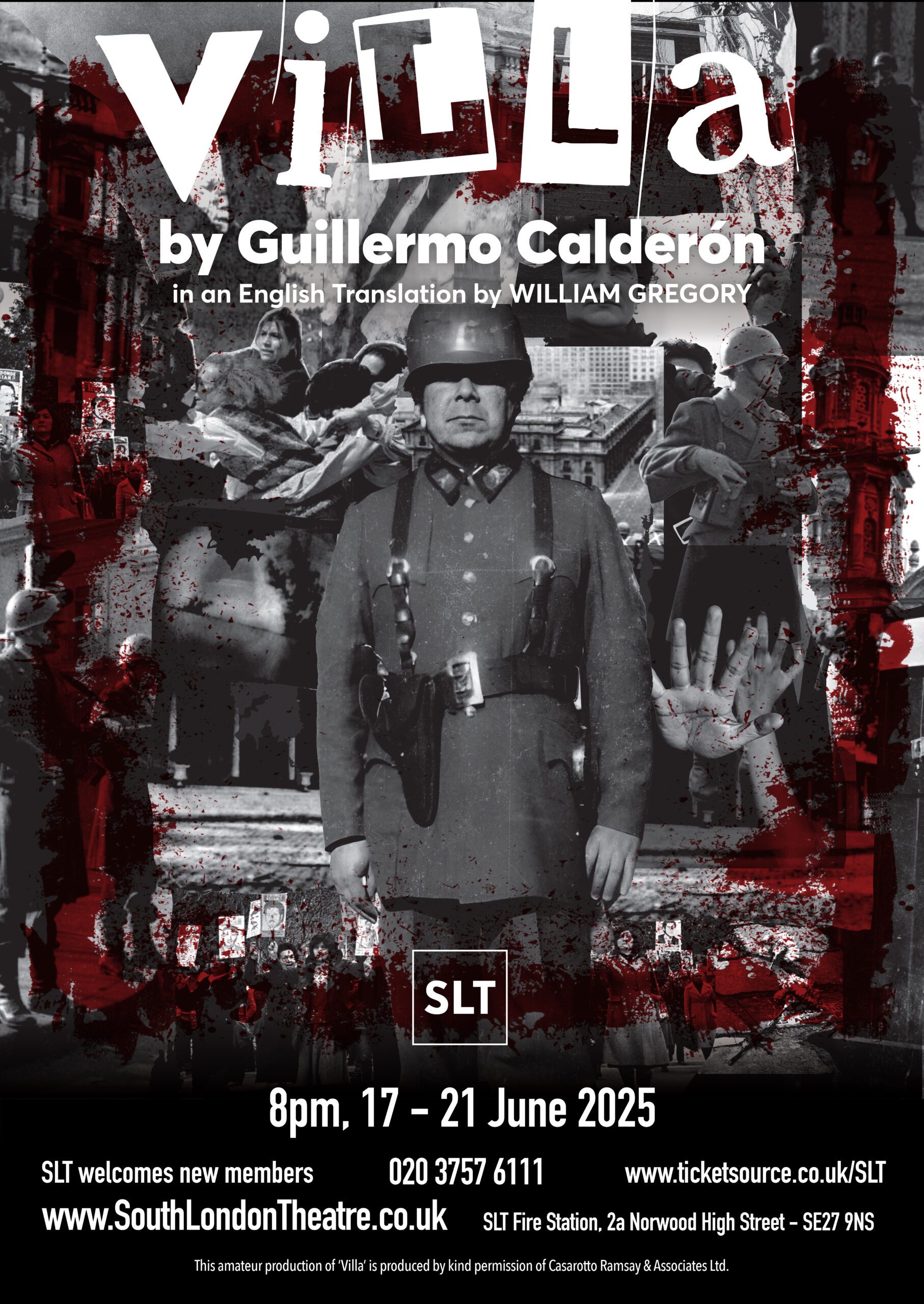 Blood spattered black and white images of Chile during Pinochet's dictatorship, with a soldier standing to attention in the foreground