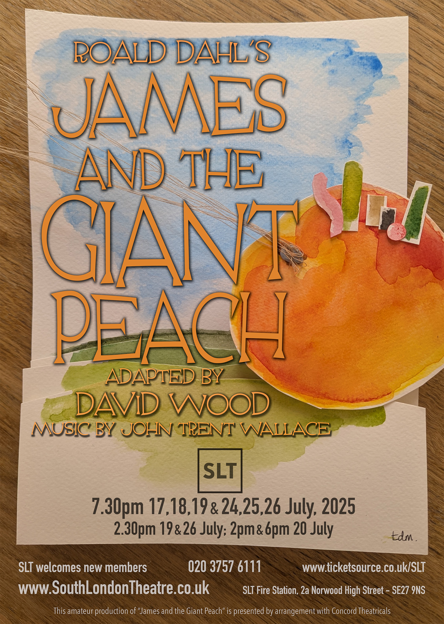 Graphic image of a large peach on a grassy hillside