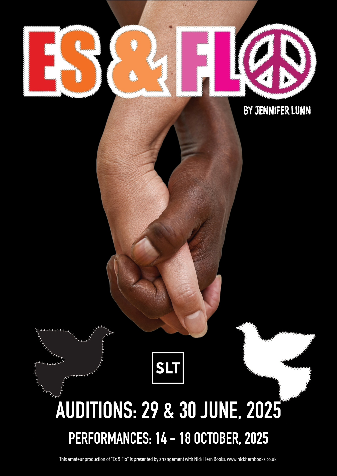 Two hands clasped, one white skin, one black skin, with CND and dove symbols surrounding and multi-coloured text for the title