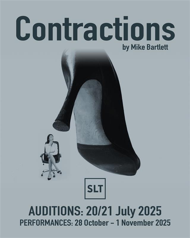 Auditions image of a giant high-heeled shoe with the heel coming towards a tiny woman sitting on an office chair