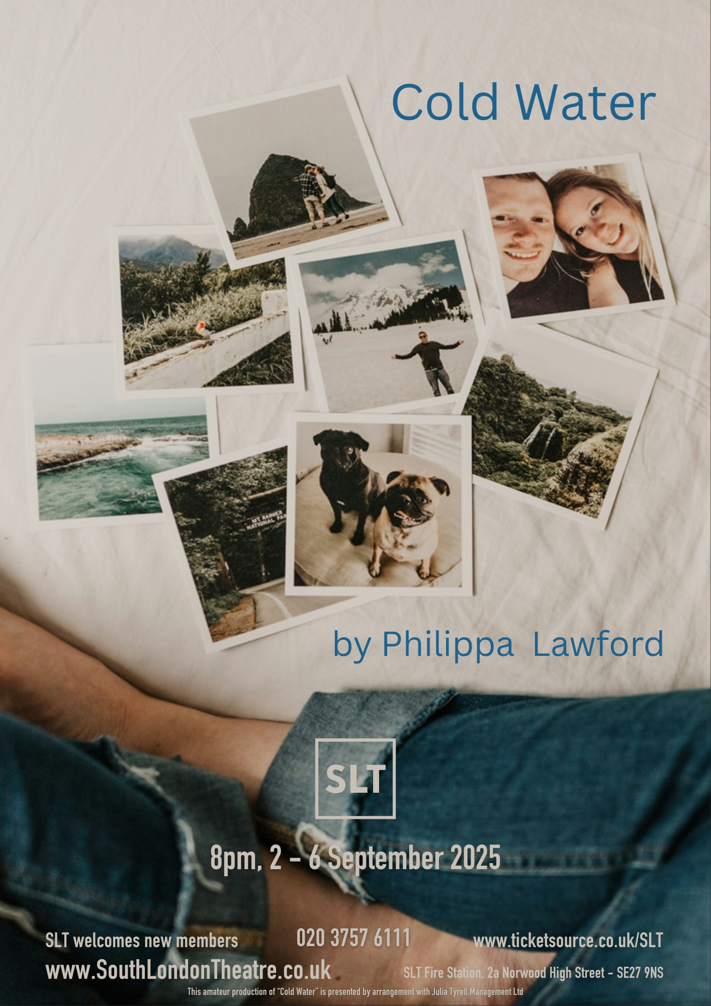 Polaroid photos on a white bed, with denim-clad crossed legs at the bottom of the image