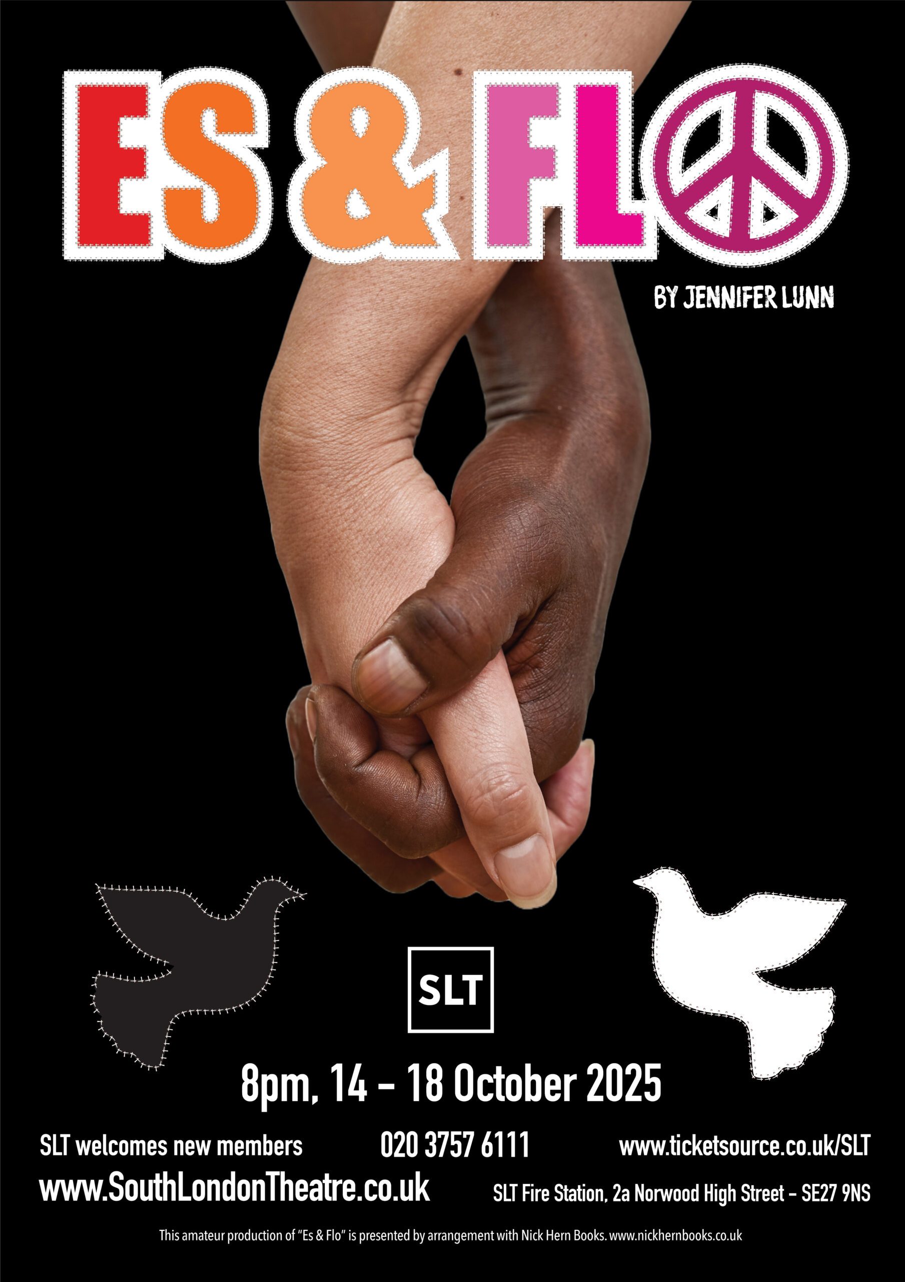 Image of clasped human hands, one white and one black, under a multi-coloured show title, which uses a CND symbol in place of the letter O. A black and a white dove shape are also present.