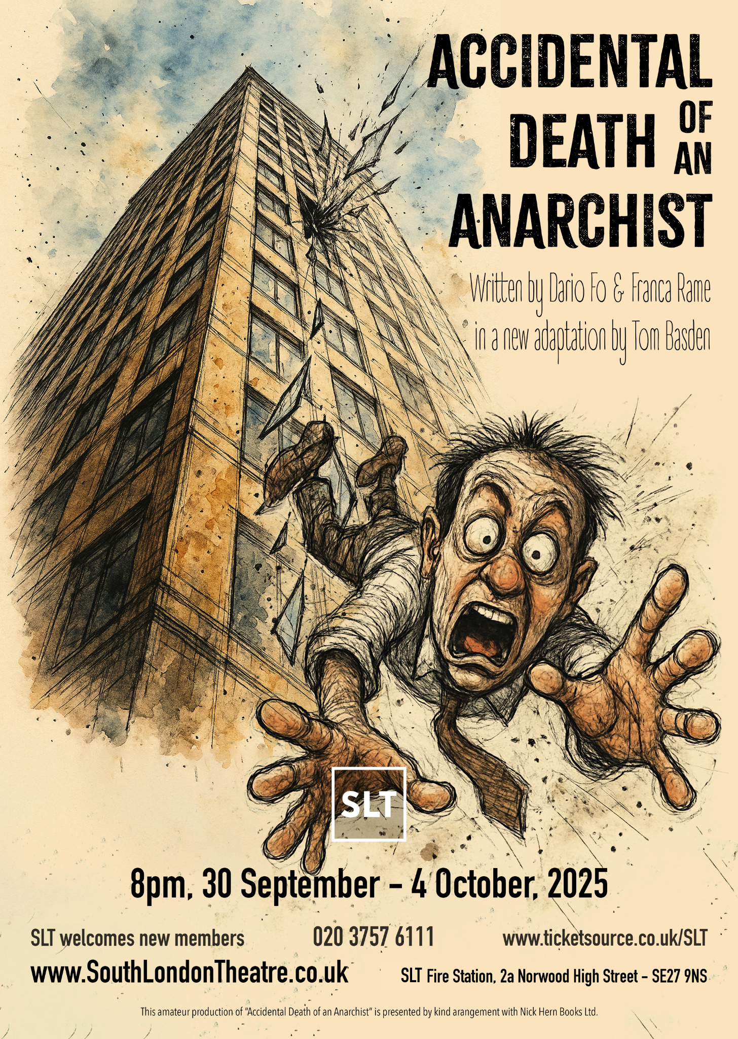 Cartoon image of a wide-eyed man falling towards the viewer from the window of a multi-storey building