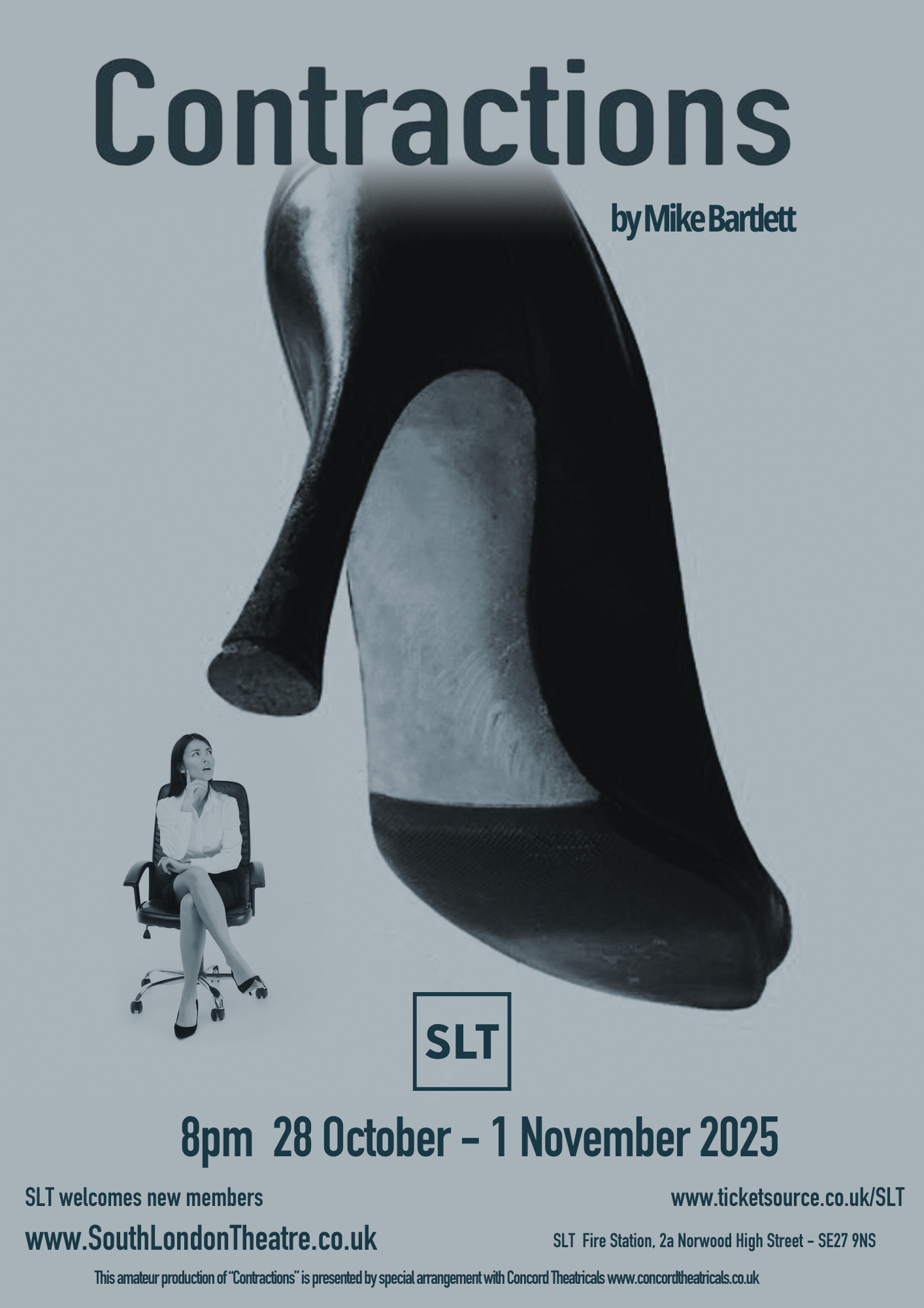 Image of a giant high-heeled court shoe poised above a tiny woman sitting on an office chair