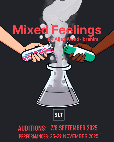 Poster showing two test tubes, one decorated with a union jack and the other with a Nigerian flag, held by a white and a brown hand respectively, filling a bubbling chemistry flask