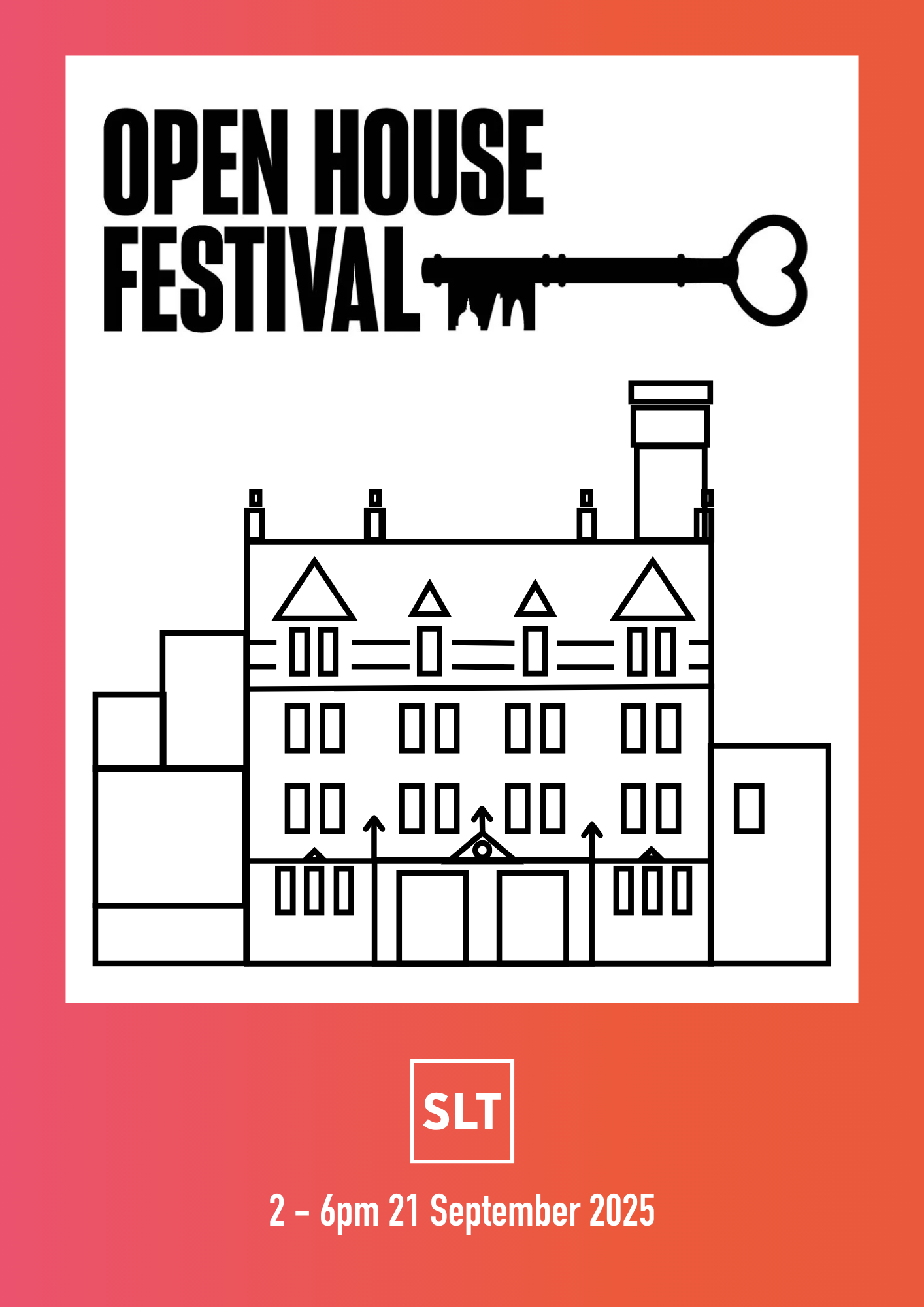 Poster image featuring Open House Festival logo of a key with the silhouettes of various famous London buildings cut into the bit, above a graphic-style line drawing of the SLT Fire Station building
