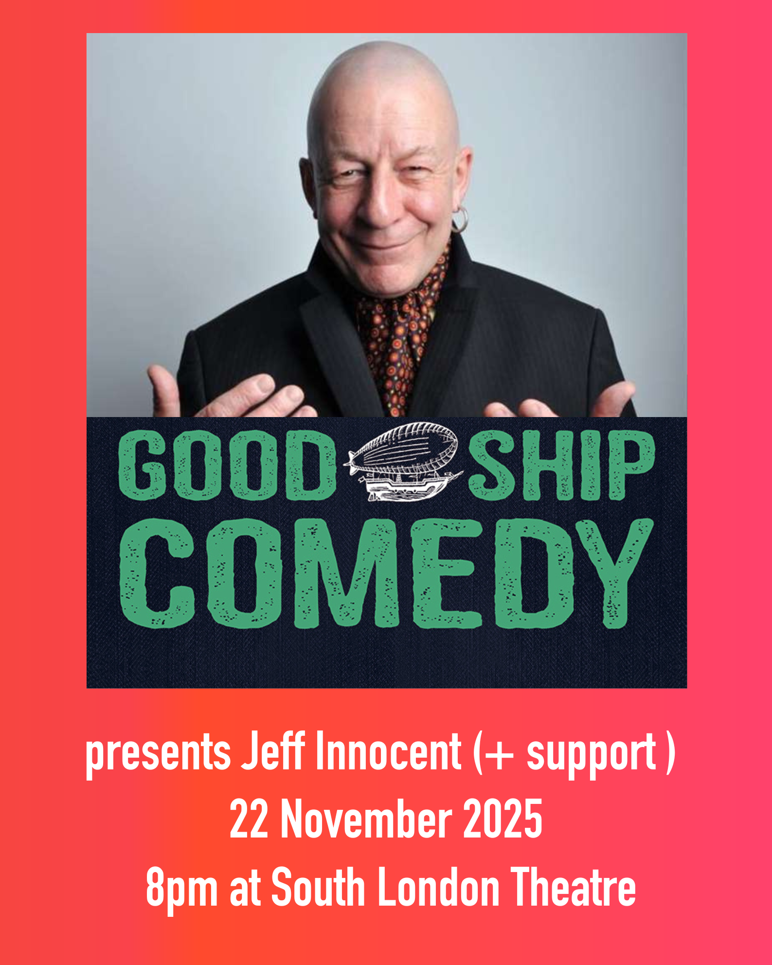 Image of comedian Jeff Innocent on Good Ship Comedy poster