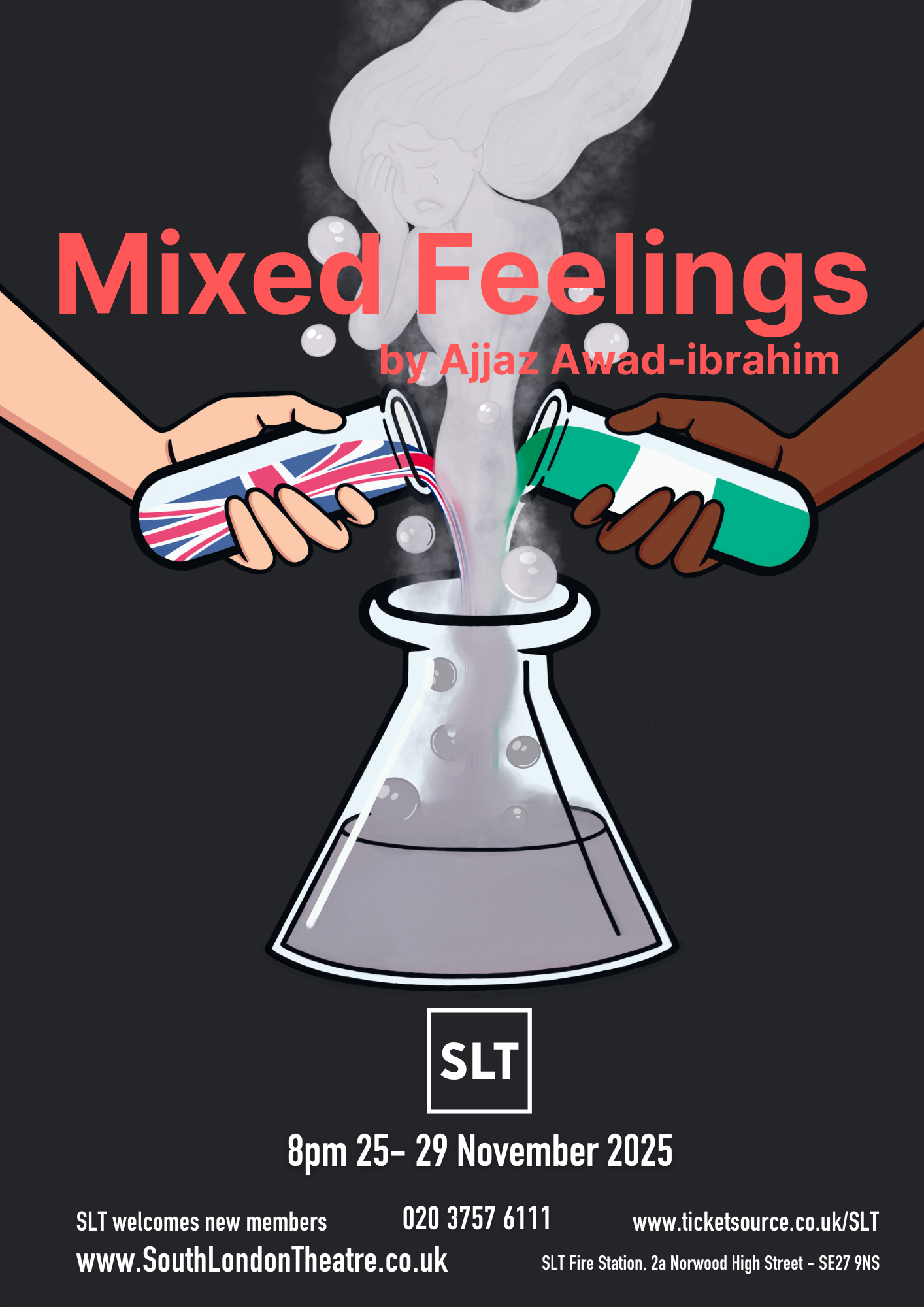 Cartoon image of a white hand holding a Union Jack test tube and a brown hand holding a Nigerian flag test tube, pouring liquid into a steaming large reagent jar