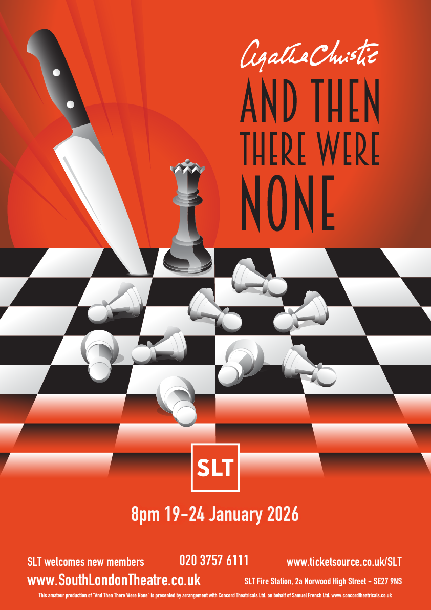 Show poster with a graphic of a chessboard with defeated white pawns and a black king piece remaining upright. A knife is also piercing the board at its tip.