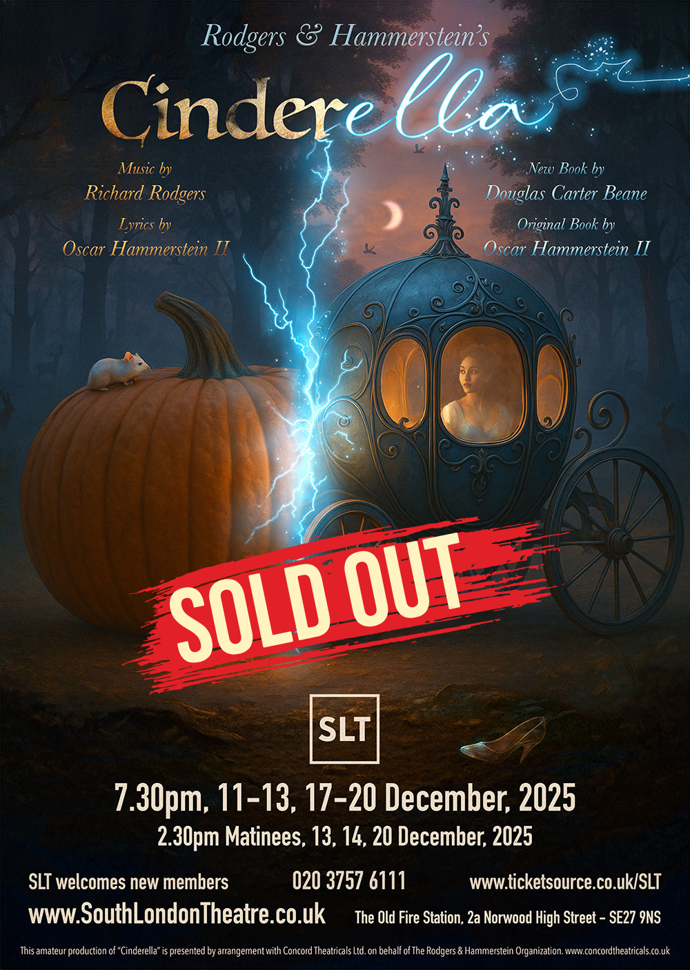 Poster image for Cinderella with pumpkin coach and pumpkin in transformation, with sold out banner across the image