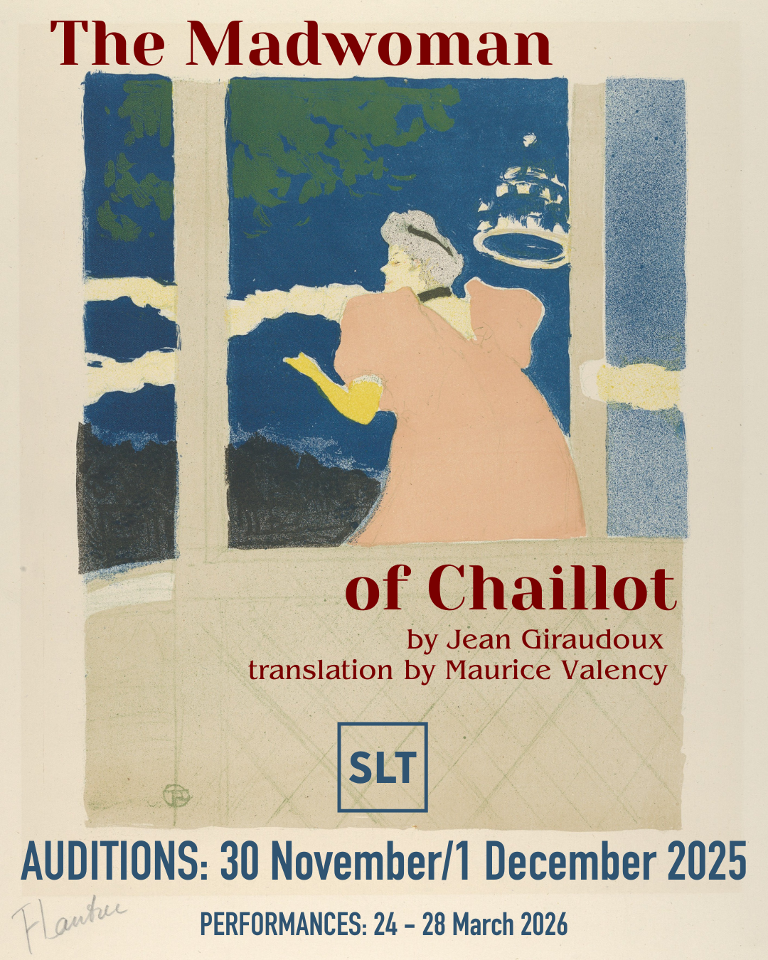 Painting style poster image of a woman in a full gown near a window.