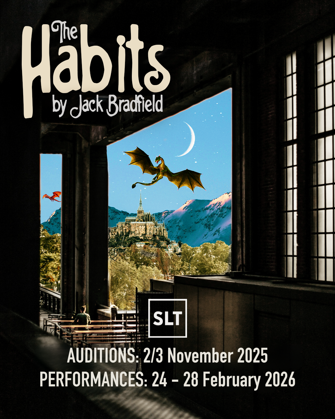 Fantastical image of a dragon flying in the sky with a fairytale castle in the background, seen from a covered terrace where a man is sitting at a bench table looking out