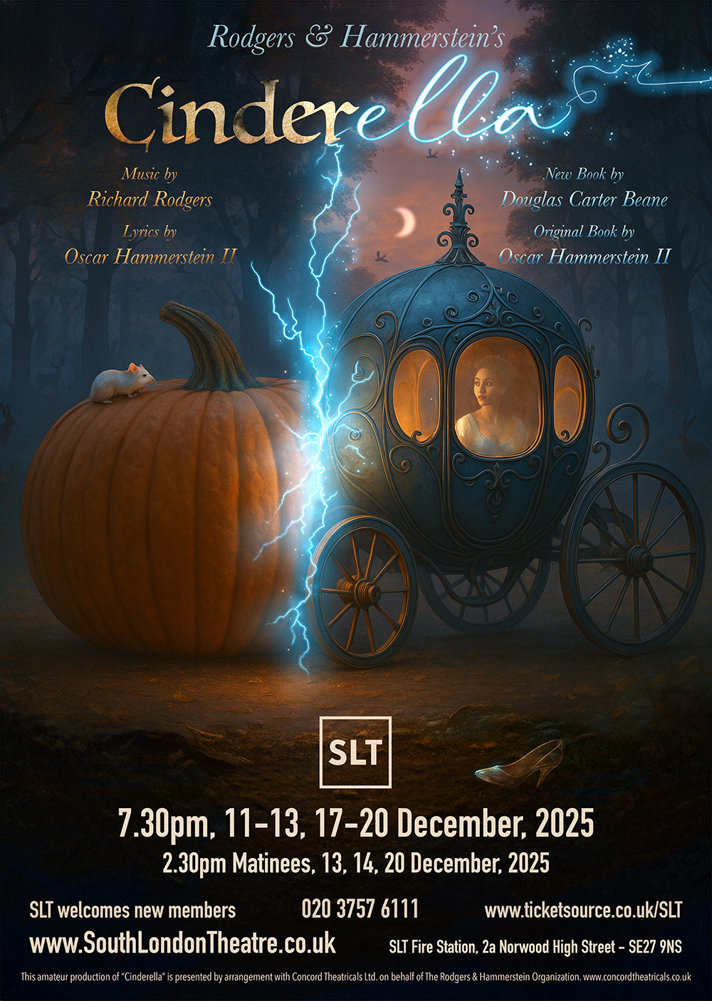 Romantic image of a young woman in a fairytale coach in a moonlit forest, transformed from a nearby pumpkin with a mouse sitting on it, the two objects separated by a lightning bolt