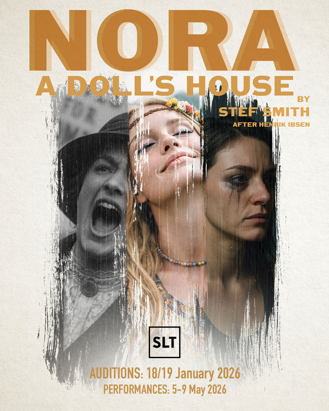 Partial portrait photos side by side of three women from different eras