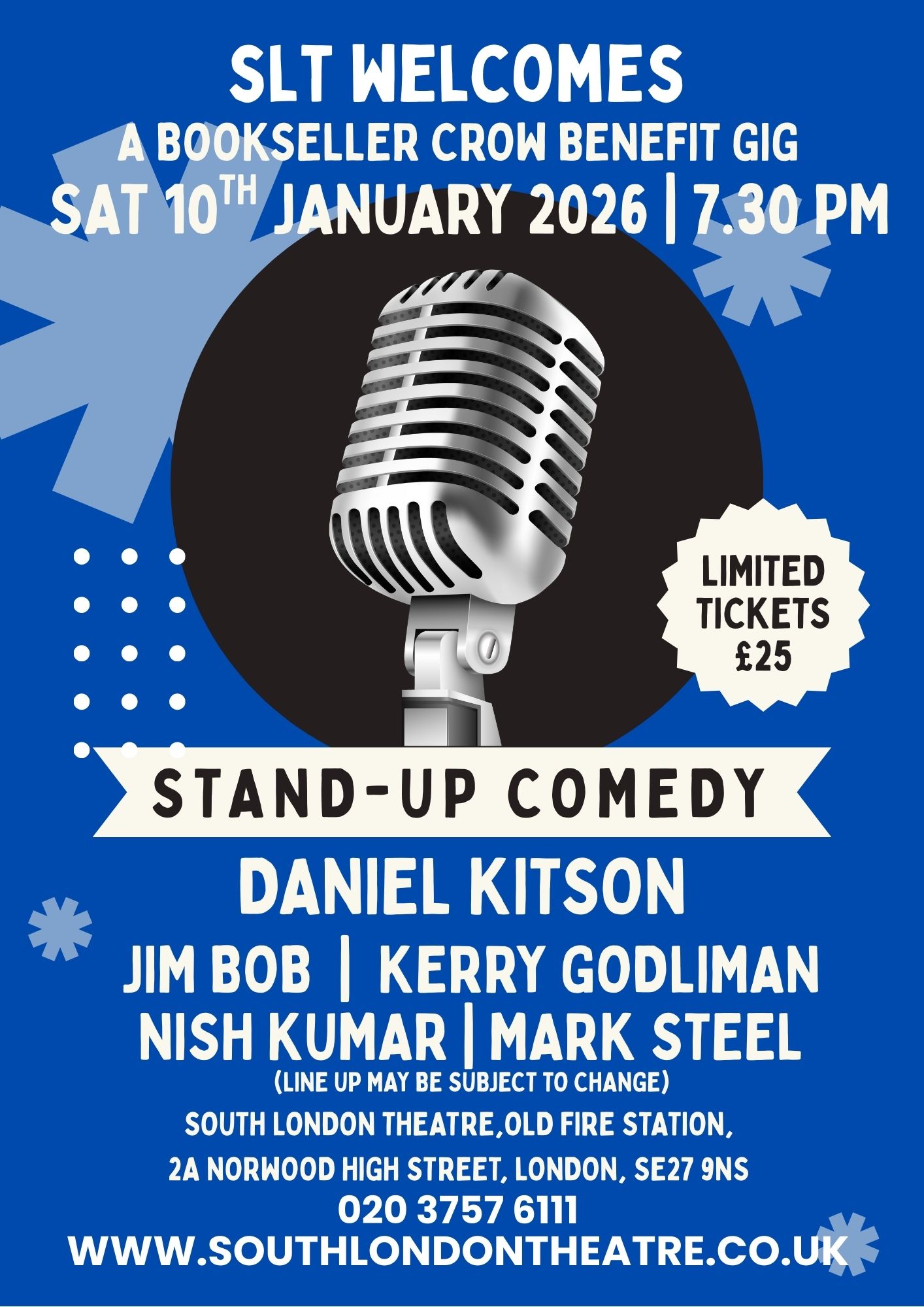 Comedy Benefit poster - image of a retro microphone on a blue background