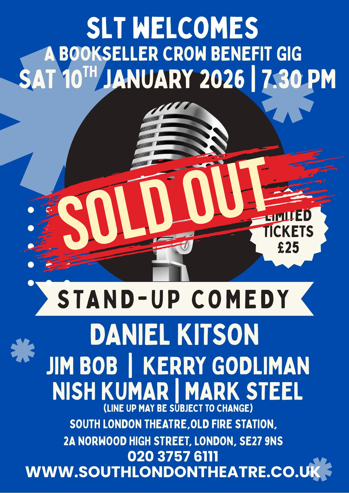 Comedy Benefit poster - image of a retro microphone on a blue background with Sold Out banner across it