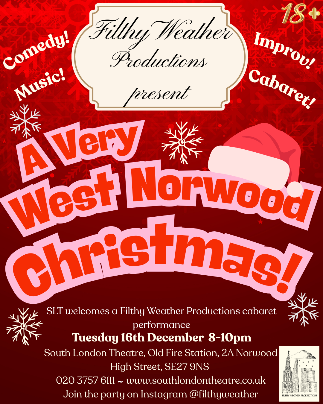 Red poster image for Christmas cabaret, including a Santa hat