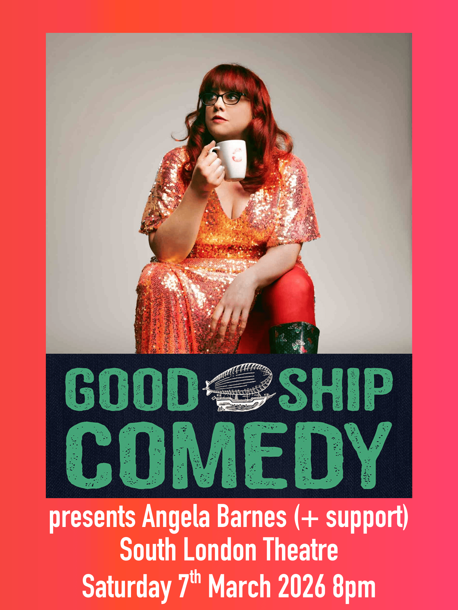 Poster for Good Ship Comedy showing Angela Barnes sat in an orange dress drinking from a mug.