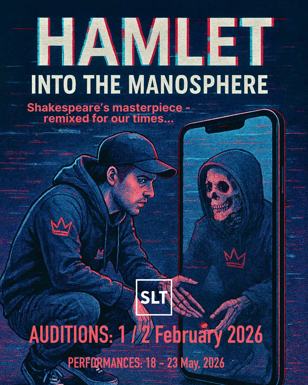 Comic book image of a young man wearing a baseball cap and hooded tracksuit crouching in front of a mirror, where the reflection has a skull instead of his face