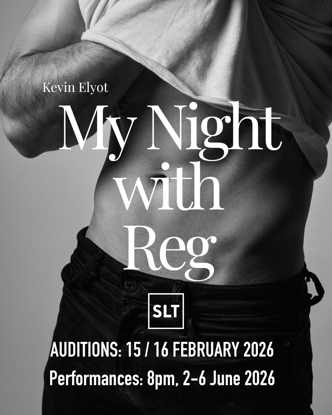 Photo of a slim male torso, with T-shirt lifted above the waist to expose a taut midriff and low-slung jeans