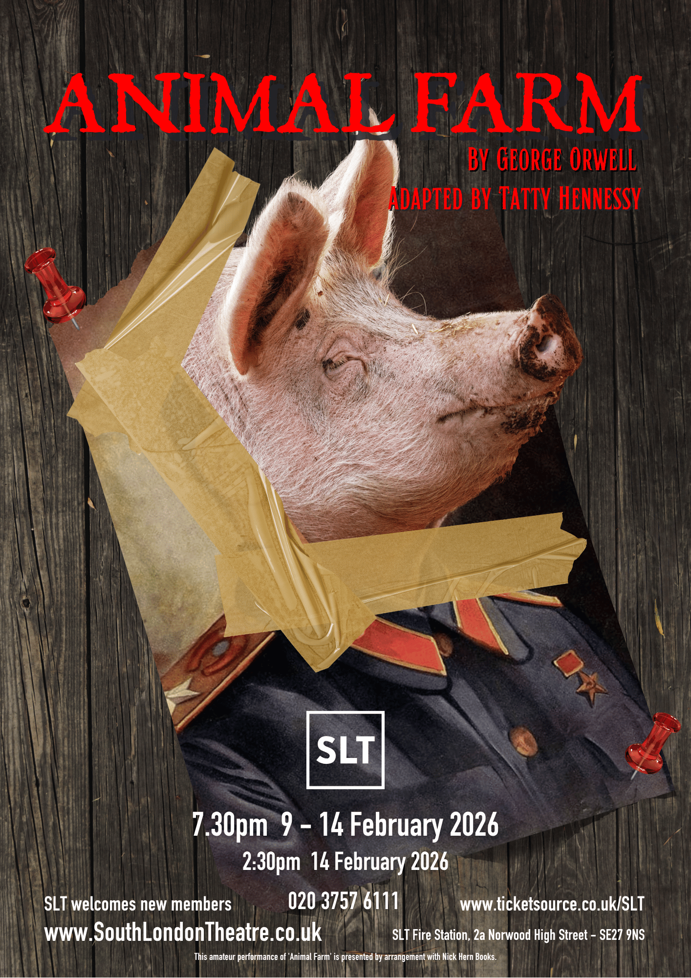 Image of a torso in military uniform with a pig's head, breaking through a wooden structure