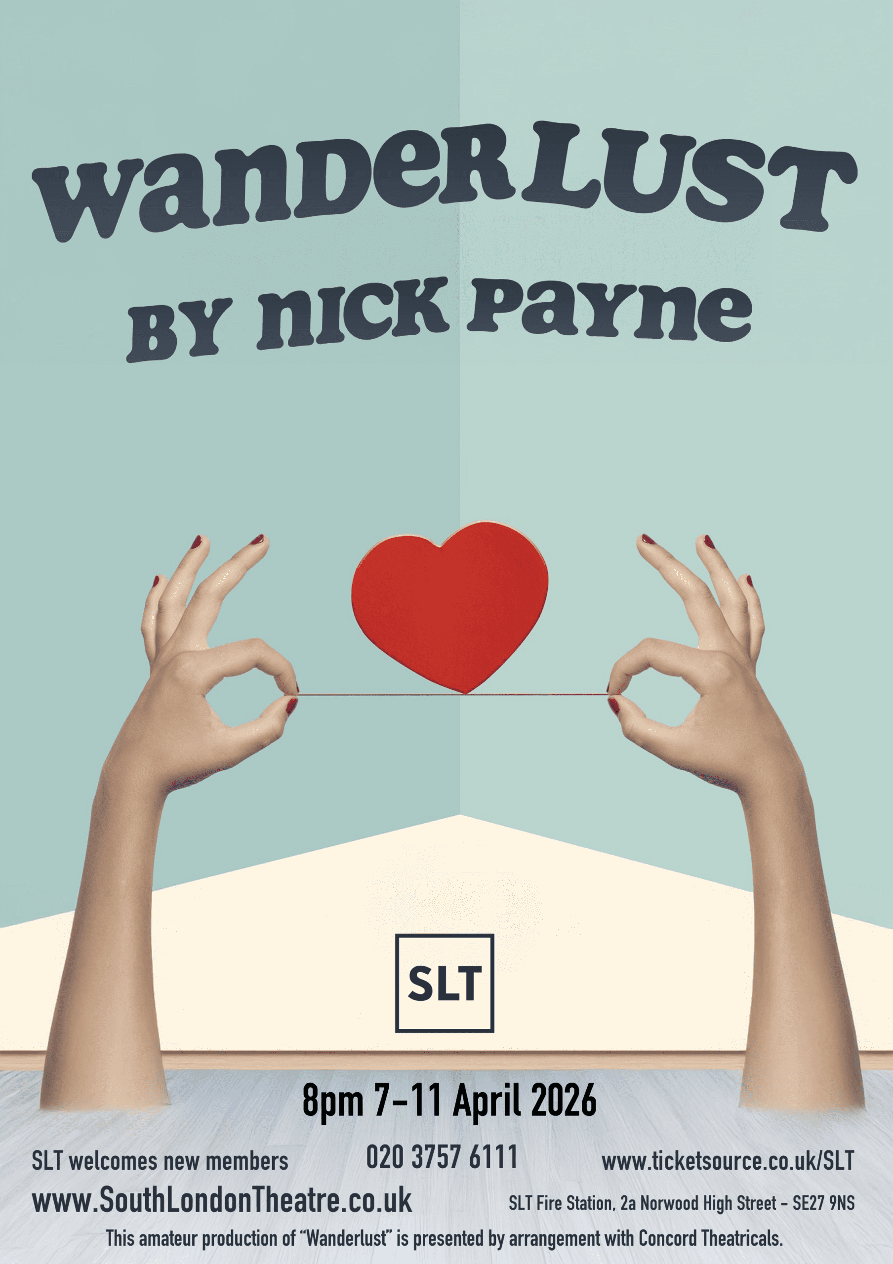 Surreal image of two manicured hands holding a piece of string between thumbs and forefingers, with a red heart balancing on it