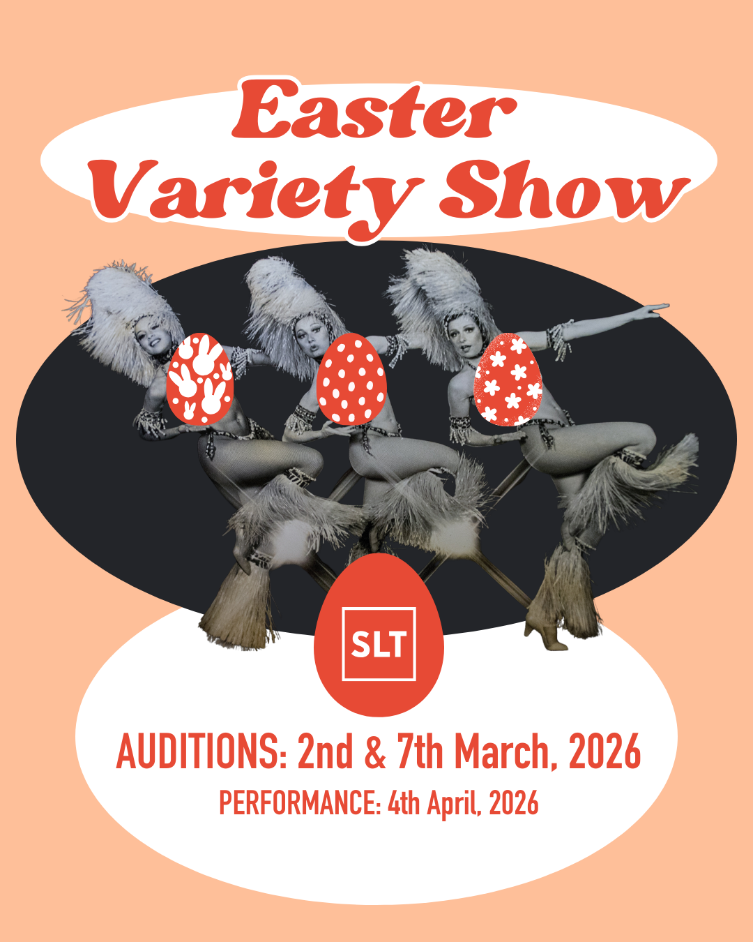 A retro black and white image of Cabaret dancers is overlayed with easter egg graphics, to look like they are almost holding them. Oval and egg shapes are used as contrasting coloured backgrounds to create a retro feel.