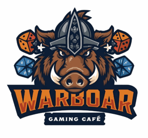 Comic image of a warthog in a helmet, the logo for the fictitious Warboar gaming cafe