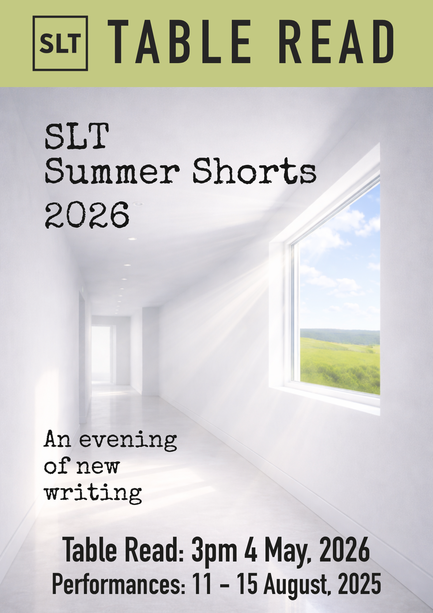 Summer Shorts image of a brightly lit white corridor with a window off to the side, out of which can be seen an open green landscape against a blue sky.