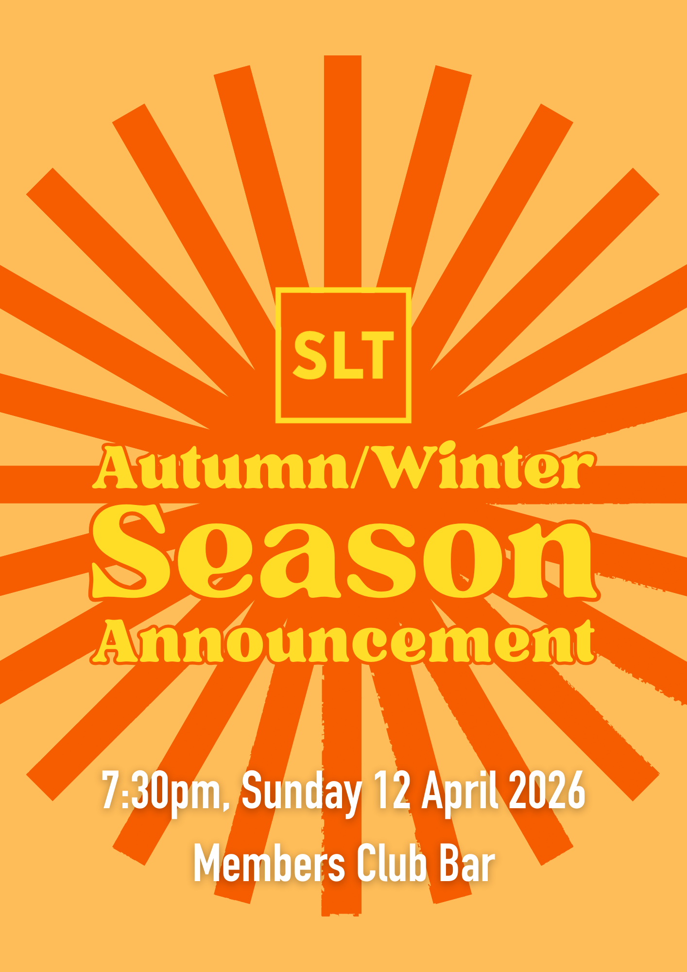Event poster including a sunburst graphic in autumnal colours.