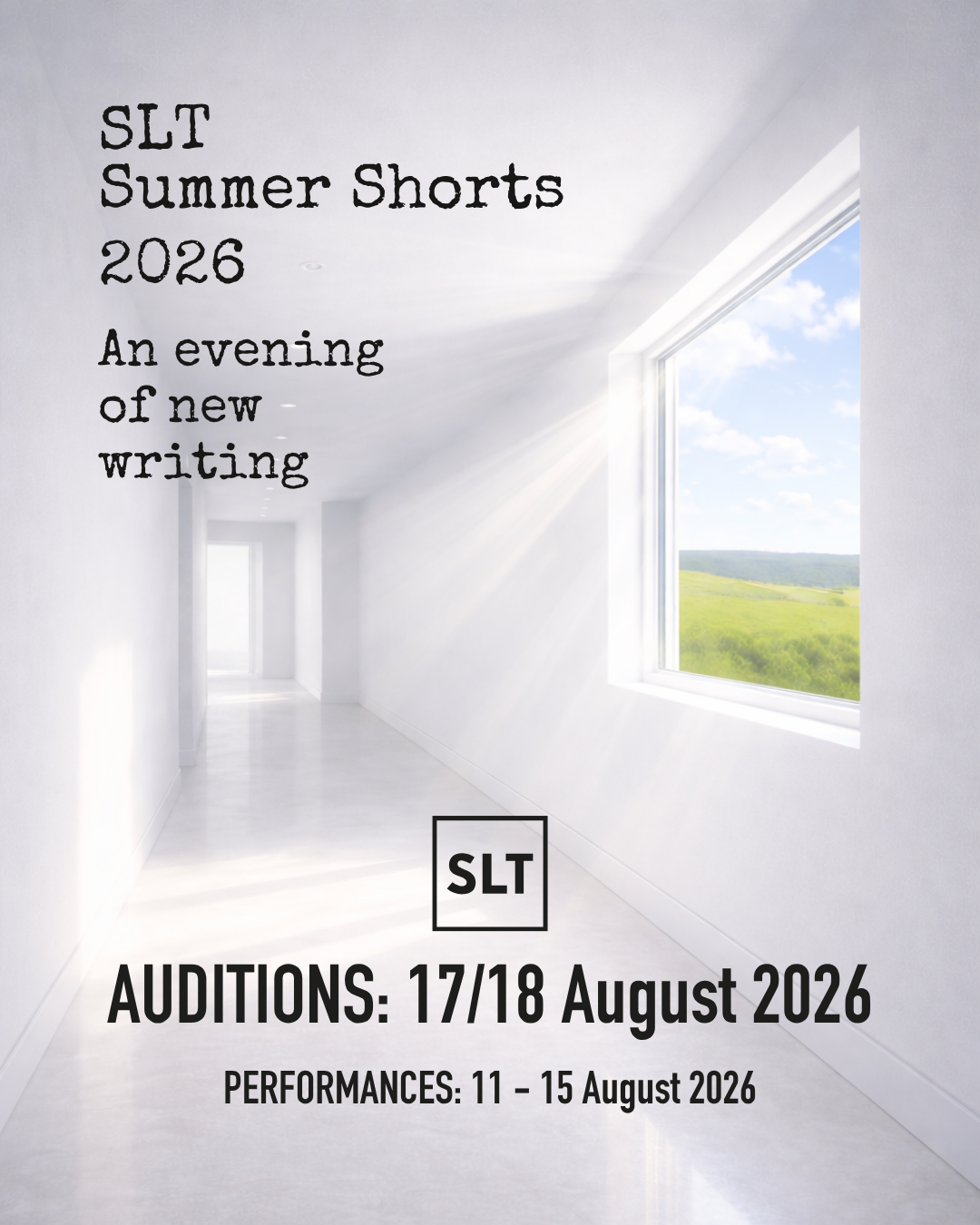 Summer Shorts image of a brightly lit white corridor with a window off to the side, out of which can be seen an open green landscape against a blue sky.