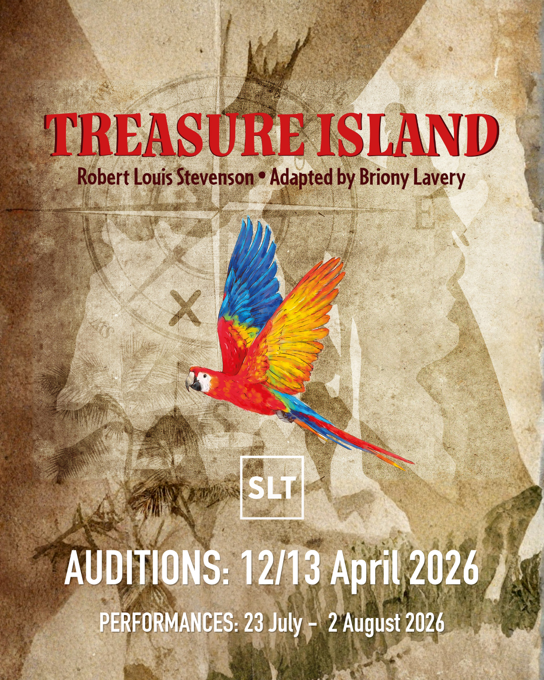 Poster graphic of a rainbow macaw parrot flying across a treasure map.