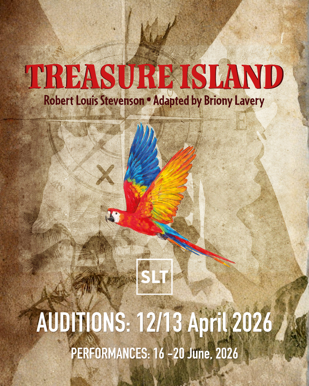 Poster graphic of a rainbow macaw parrot flying across a treasure map.