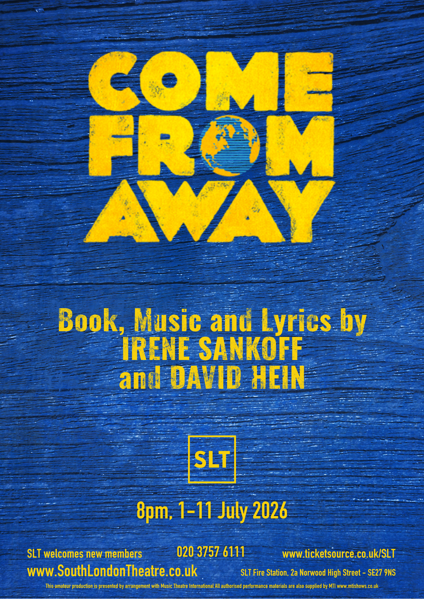 Title of play and audition details in yellow with the letter O in from in the form of a world globe, all on a blue, wood-textured background