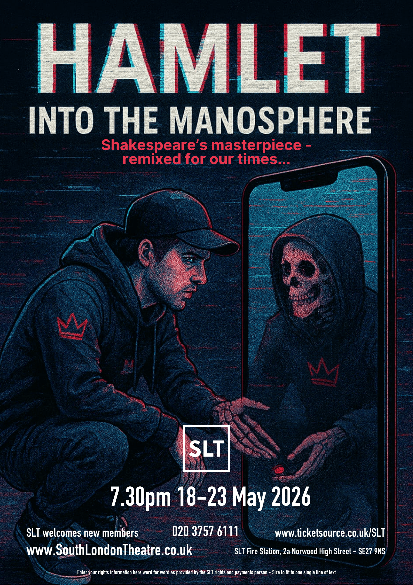 Comic book image of a young man wearing a baseball cap and hooded tracksuit crouching in front of a mirror, where the reflection has a skull instead of his face