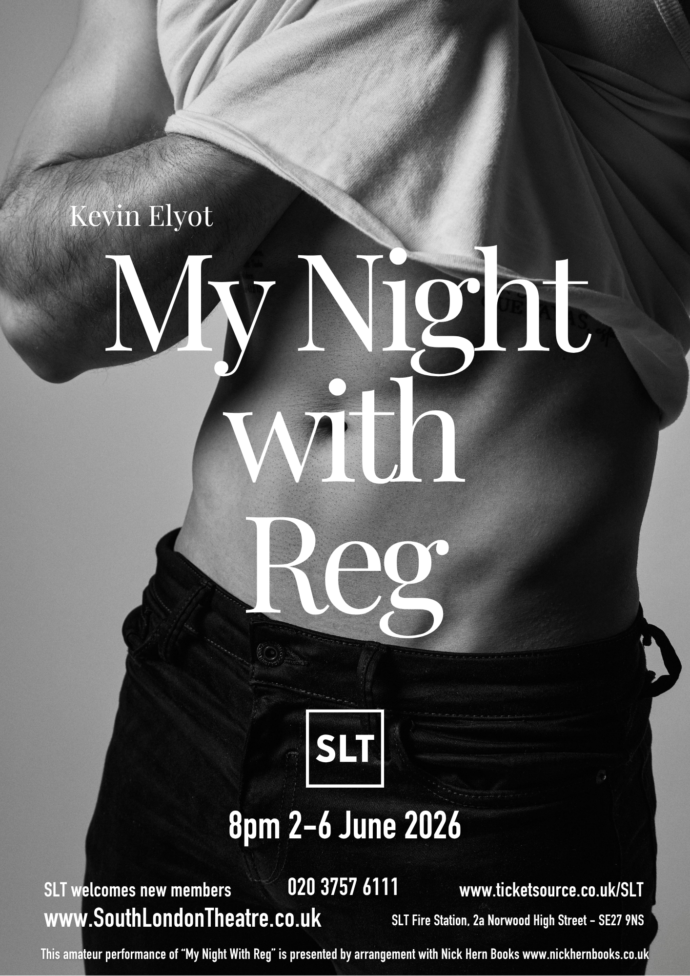 Photo of a slim male torso, with T-shirt lifted above the waist to expose a taut midriff and low-slung jeans