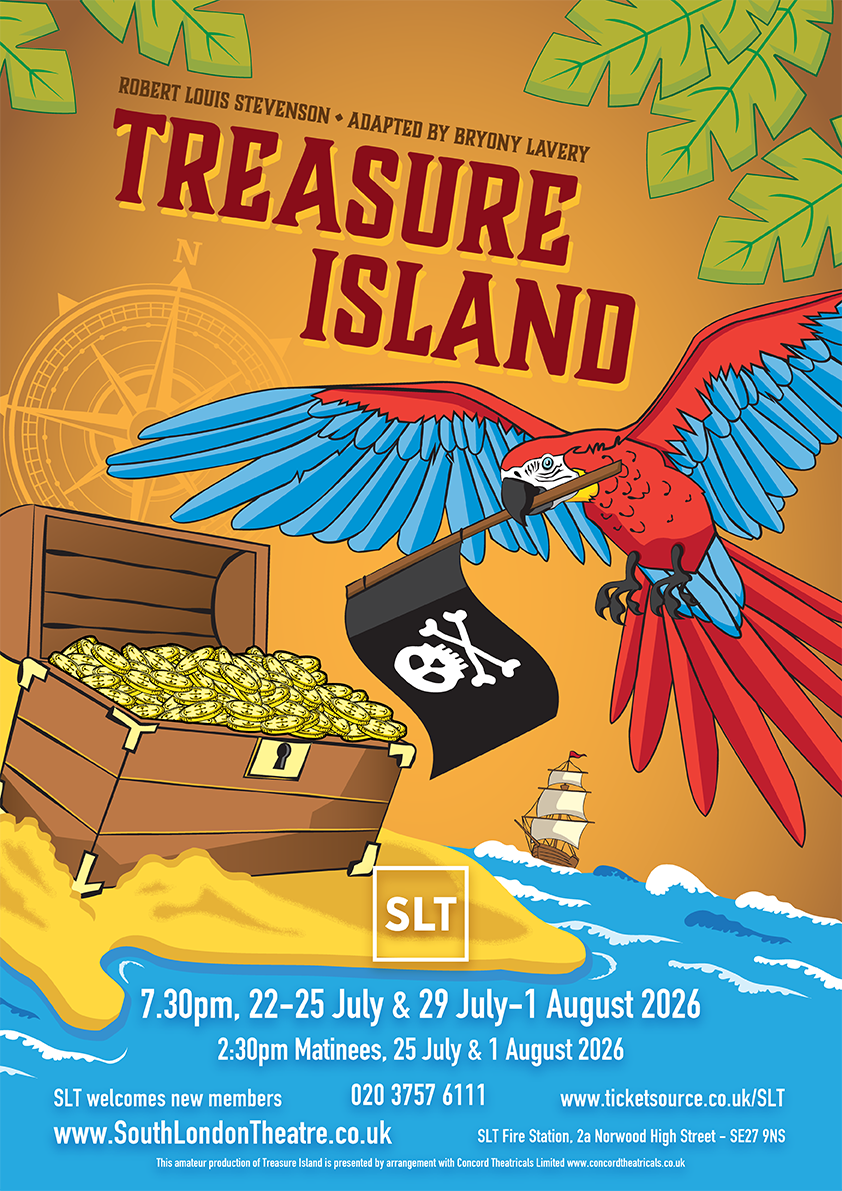 Graphic image of a desert island with a parrot carrying a skull and crossbones flag in its beak